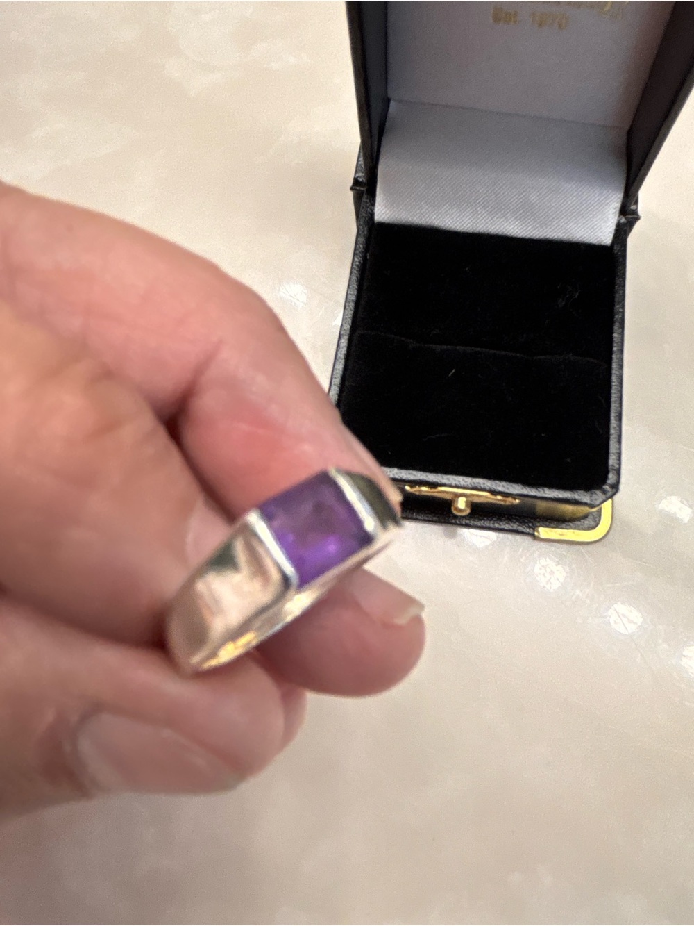 Sterling Silver Ring with Purple Rectangular Stone size 6 1/2 . Box not included